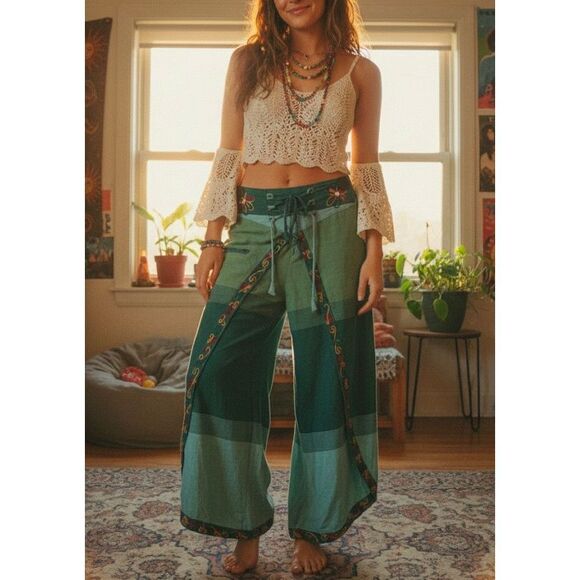 Y2K Boho Hippie Wide Leg Cropped Pants size S M Green Organic Cotton - Picture 1 of 12